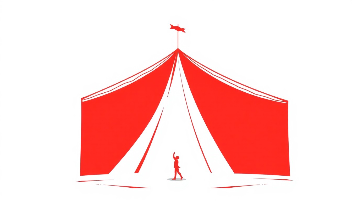 A striking abstract composition using bold, angular shapes in red and white to capture the dynamic energy of a circus performance.