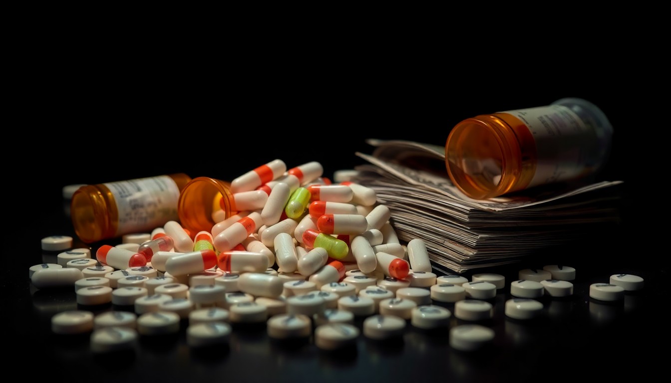 An extreme close-up photograph of a pile of prescription pills and cash, with a harsh, direct flash illuminating the details of the drugs and money against a pitch-black background, conceptually illustrating the scale and severity of the drug bust in Eufaula.