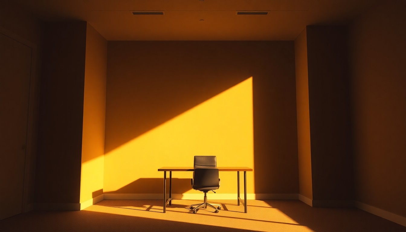 A shadowy, cinematic painting of an empty office desk in a dimly lit room, with warm diagonal sunlight casting deep shadows, conceptually representing the anxious uncertainty felt by Colorado business leaders about global political and economic forces.