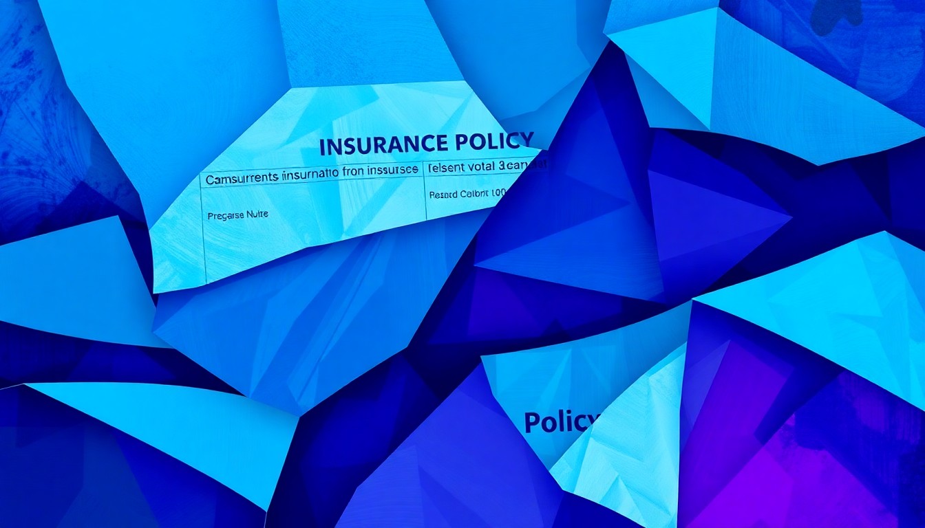A vibrant, abstract painting featuring overlapping geometric shapes and brushstrokes in shades of blue, teal, and violet, conceptually representing the complex and fragmented nature of car insurance policy documents.