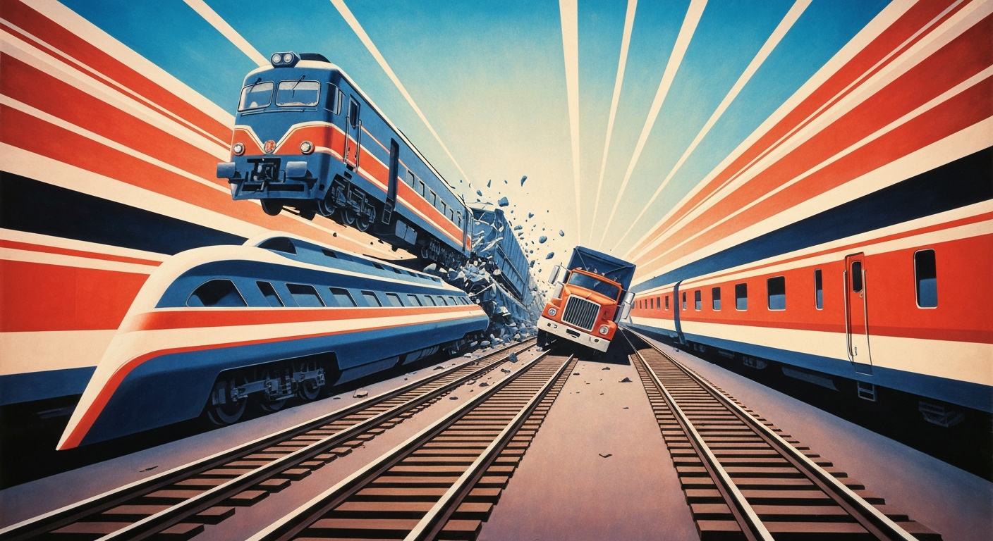 A bold, geometric illustration depicting the collision of an Amtrak train and a truck, with sweeping lines and gradients conveying the sense of disruption and uncertainty faced by the stranded passengers.