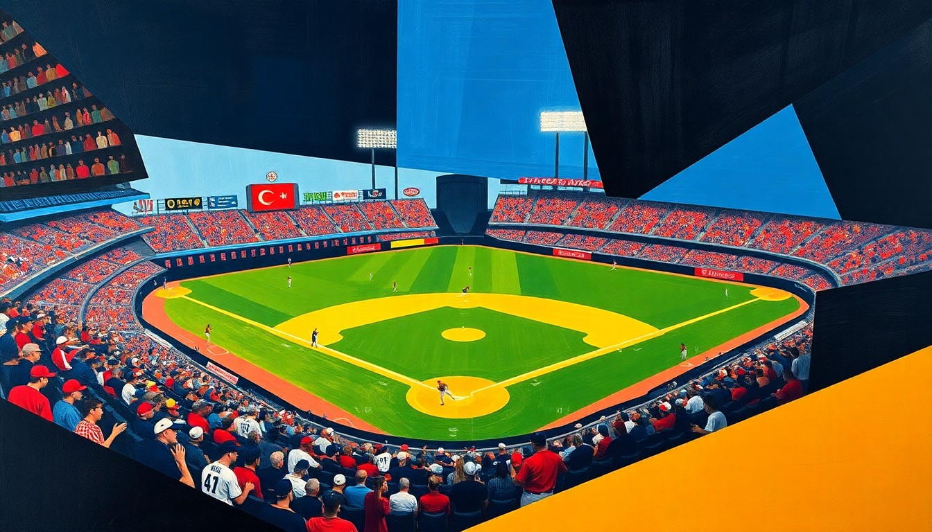A fractured, multi-perspective painting featuring bold, angular shapes in navy, crimson, and gold, conceptually representing the action and excitement of a minor league baseball game.