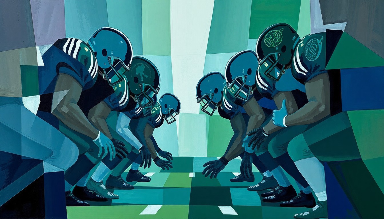 A cubist-style painting featuring sharp, overlapping geometric shapes in navy, green, and gray, conveying the dynamic nature of an offensive line.