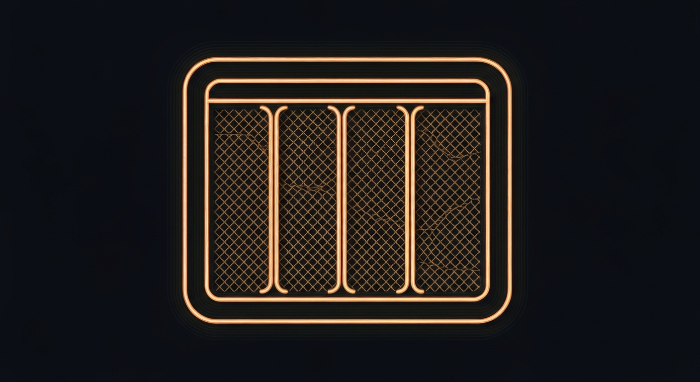 A minimalist illustration defined by vibrant neon lines outlining the shape of an HVAC air filter, conveying the concept of air purification and its impact on indoor air quality.