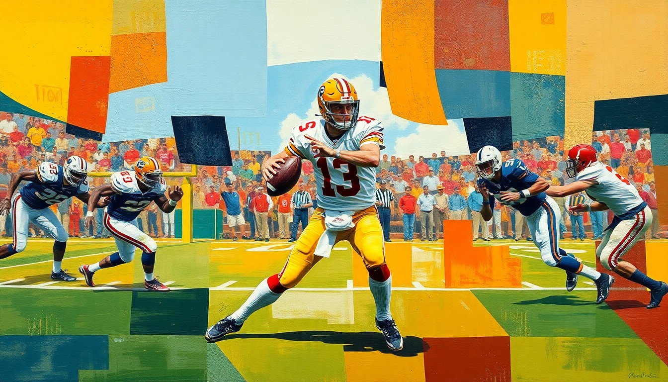 A cubist, geometric painting depicting a college football quarterback in motion, with their body fractured into sharp, overlapping shapes and planes in a multi-perspective style, conceptually representing the transition in Virginia's quarterback room.