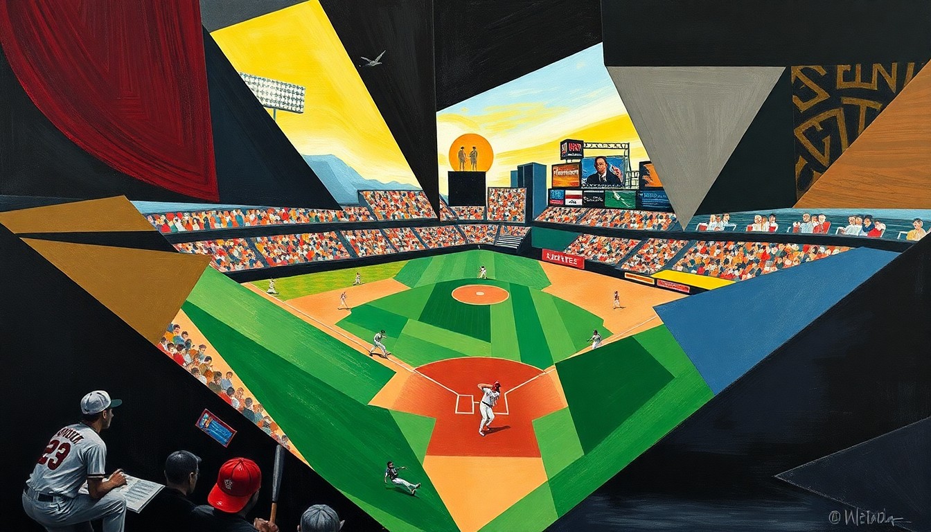 A fragmented, geometric painting depicting a baseball game or action, with players and the field abstracted into bold, angular shapes and planes of color.