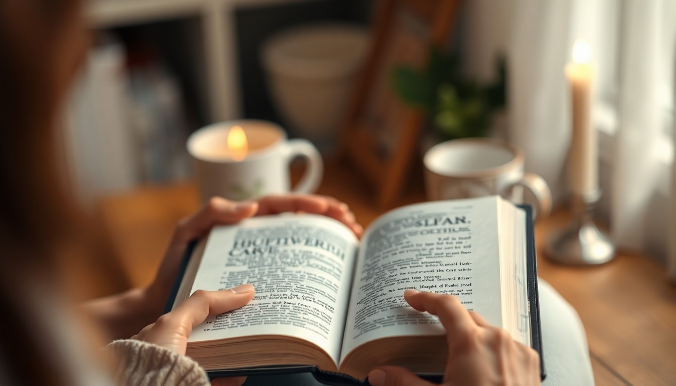 An extremely abstracted, out-of-focus photograph in warm tones depicting a woman's hands holding an open Bible, with blurred lifestyle objects like a coffee mug and candle in the background, conceptually representing the contemplative nature of faith and community.