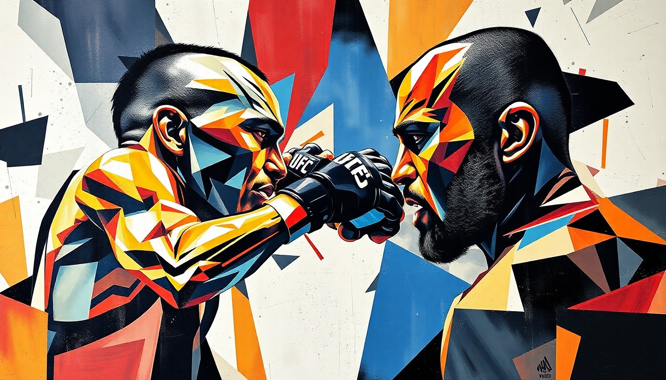 A fragmented, geometric painting depicting a UFC fight scene, with sharp planes of color and form representing the clash between the two fighters and the uncertainty surrounding Adesanya's career.