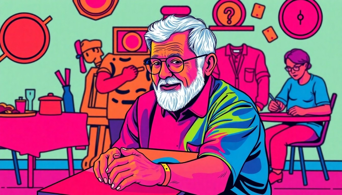 A high-contrast silkscreen print featuring a senior citizen playing bag baseball (cornhole) against a backdrop of other lifestyle objects representing the Senior Enrichment program, such as a meal tray, exercise equipment, and playing cards. The image uses a bold, neon color palette and heavy black outlines to transform everyday senior activities into a modern pop art composition.