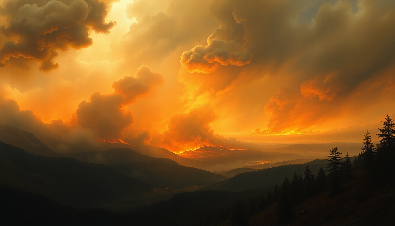 A vast, atmospheric landscape painting depicting a distant wildfire, with billowing smoke and flames obscuring the horizon, conveying the overwhelming power of nature and the threat of rapidly spreading fires.