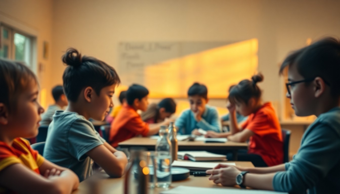 An abstract, impressionistic scene of students with disabilities learning in a classroom, with blurred shapes and vibrant splashes of color creating a sense of movement and community.