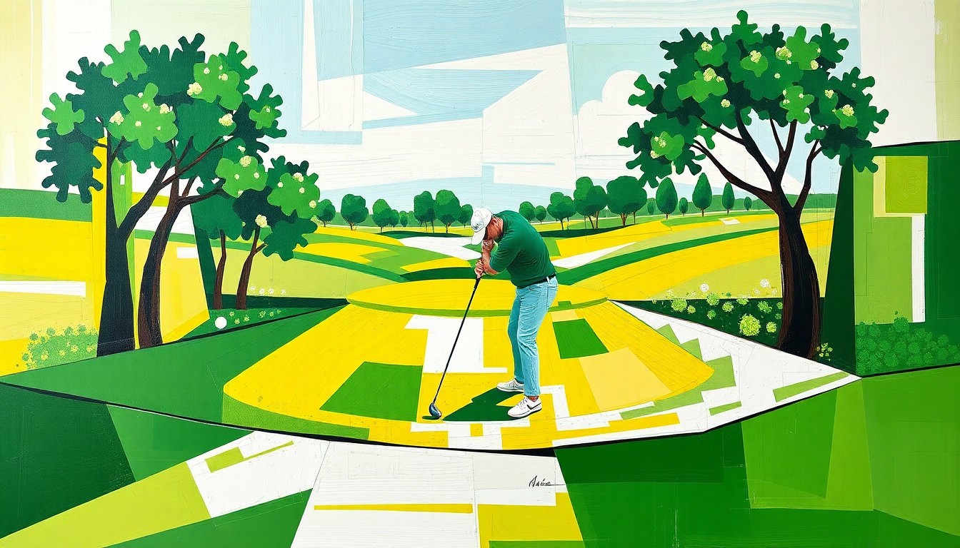 A cubist, geometric painting depicting a fragmented golf game, with overlapping planes of green, white, and yellow representing the dynamic growth in golf participation across diverse demographics.