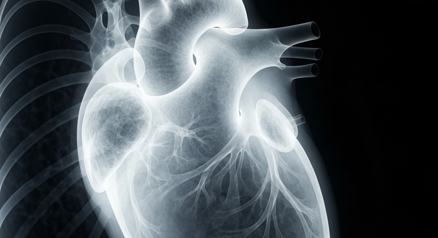 A translucent X-ray photograph showing the detailed internal structure of a human heart, with glowing veins and arteries against a dark background, conveying the advanced medical technology and precision of the new cardiac diagnostics center.