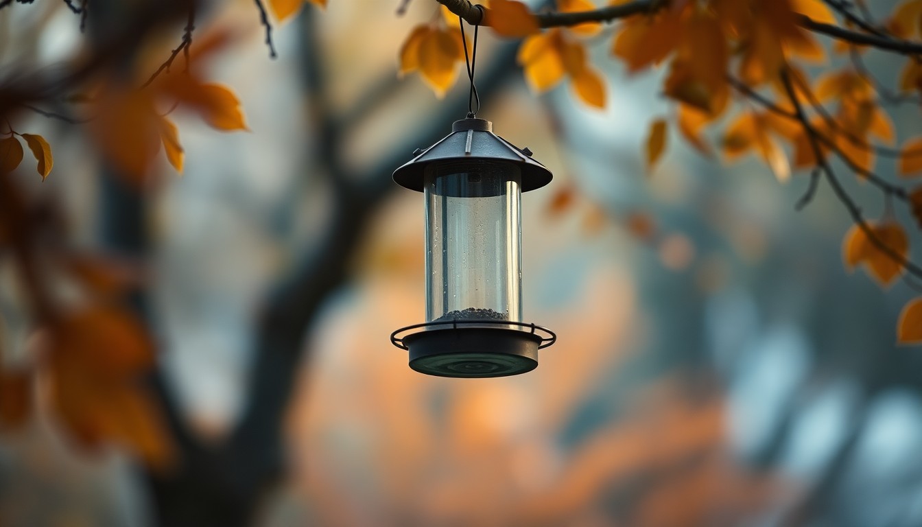 An extremely abstracted, out-of-focus photograph of a bird feeder hanging from a tree branch, surrounded by blurred, warm-toned foliage, capturing the peaceful, contemplative mood of a serene backyard setting.
