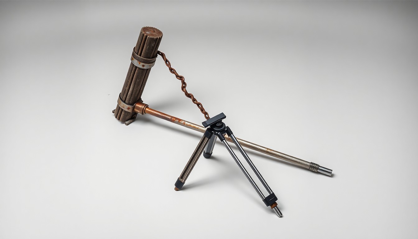 A photorealistic studio still life featuring a twisted, rusted metal fence post and a surveyor's tripod, conceptually representing the tension between private property rights and government infrastructure projects.