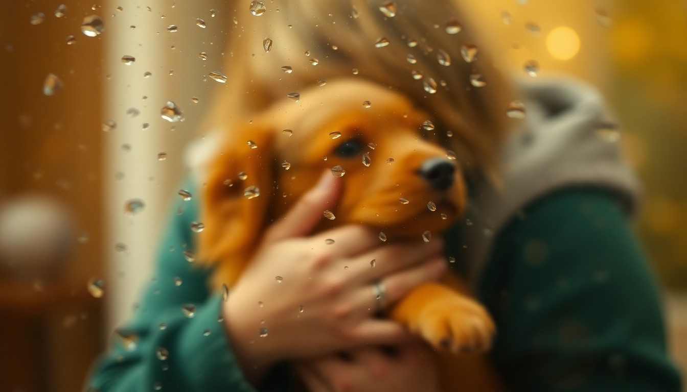 An abstract, impressionistic photograph of a blurred, warm-toned scene of a person petting a dog or cat, conveying the emotional connection between pets and their owners.
