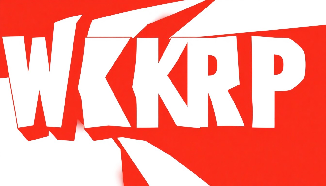 An abstract, minimalist illustration featuring bold, jagged shapes in red and white, conceptually representing the comeback of the iconic WKRP call letters on Cincinnati radio.