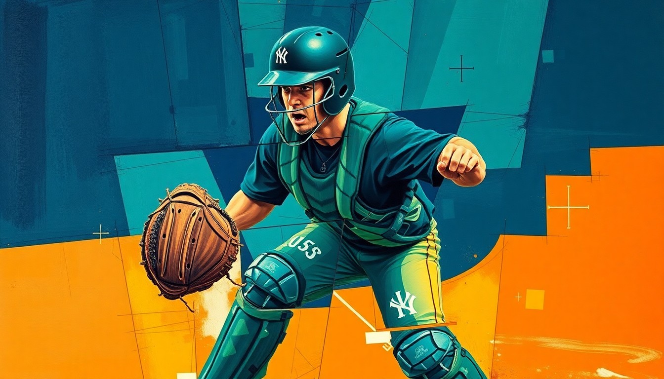 A fractured, geometric painting depicting a baseball catcher's equipment and action, with sharp overlapping planes in navy, green, and orange, conveying the competitive energy of the Langeliers-Raleigh matchup.