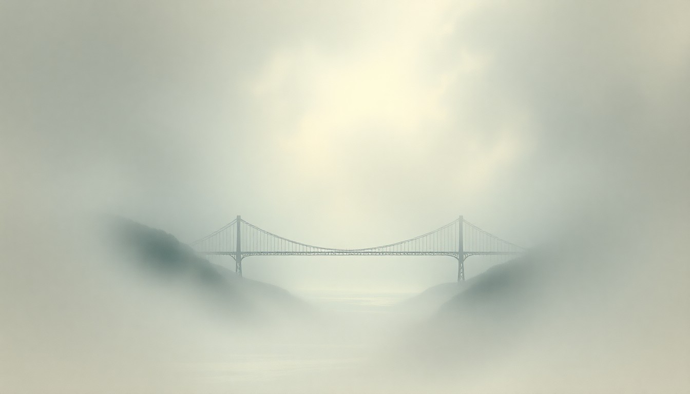 A sweeping, atmospheric landscape painting in muted tones of gray and blue, with the faint outline of a large bridge structure barely visible through the heavy fog, conveying the overwhelming scale and power of the natural environment.