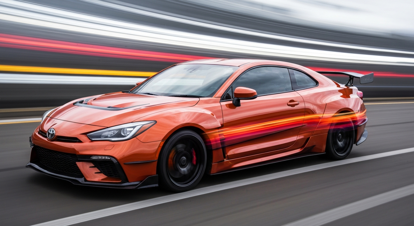 An abstract, motion-blurred image of a Toyota vehicle in vibrant colors, conveying a sense of speed and modern engineering.