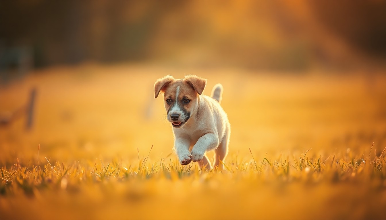 An abstract, out-of-focus photograph in warm, hazy tones depicting a playful puppy running through a grassy field, with the background blurred into soft shapes of light and color, conceptually representing the joyful energy of a rescue dog finding their forever home.