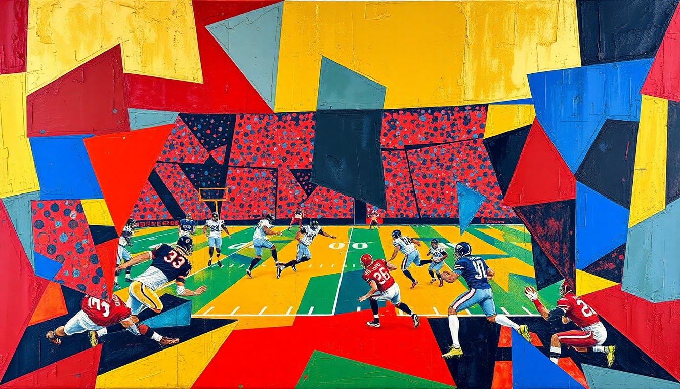 A fractured, cubist-style painting depicting a football game, with players and the field broken down into sharp, overlapping geometric shapes in a vibrant color palette, conveying the dynamic and multifaceted nature of the Rebels' revamped receiving corps.