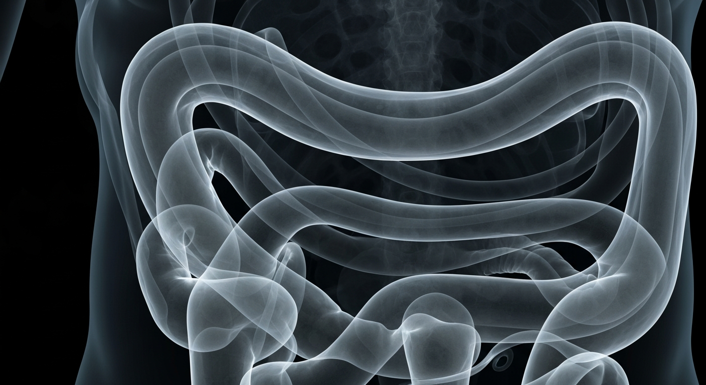 An abstract, ghostly X-ray image revealing the intricate internal structure of the human digestive system, conceptually representing the advanced medical services offered at the new Birmingham Gastroenterology clinic.