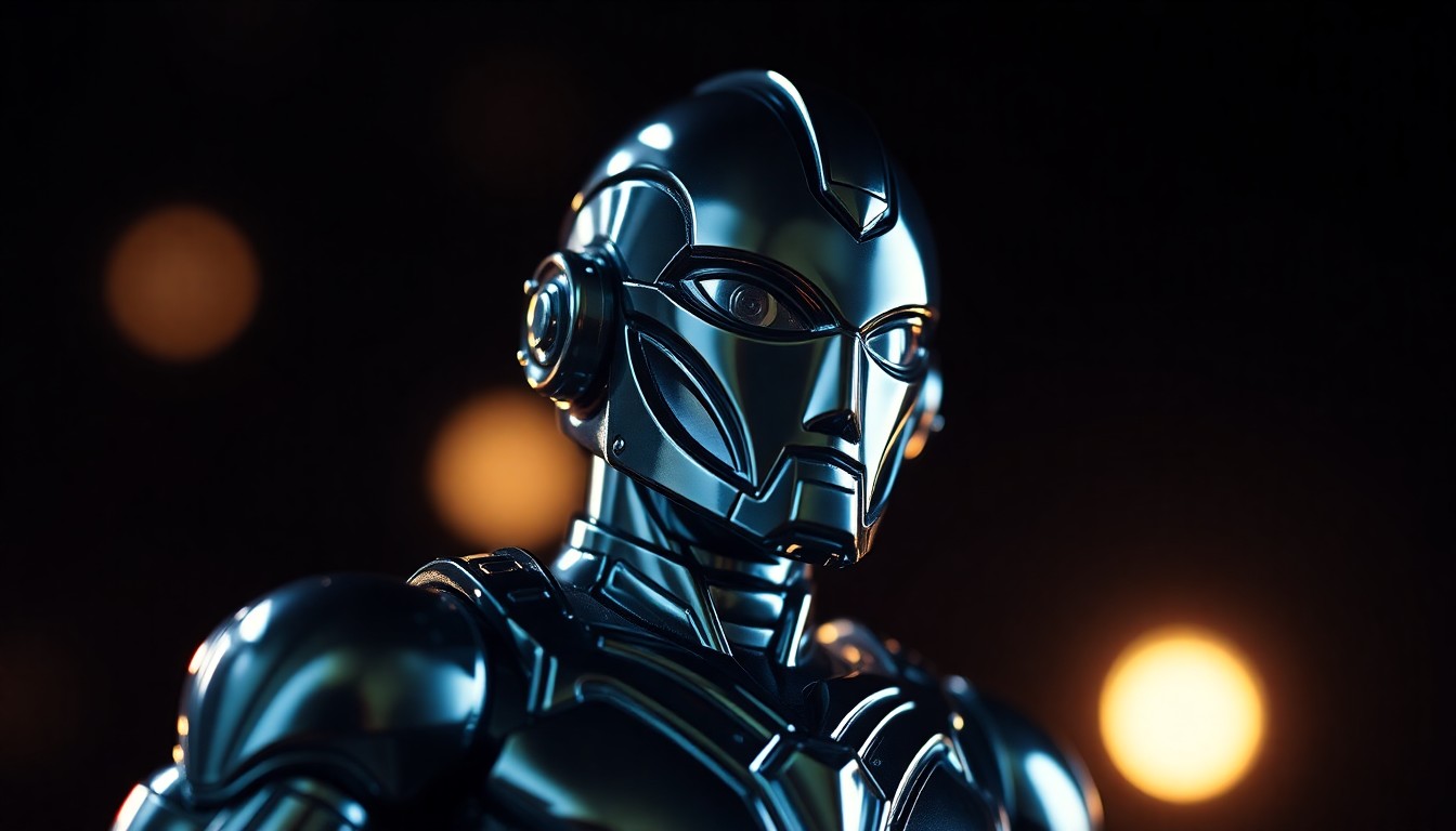 An extreme close-up photograph of a highly detailed, metallic Starfield action figure, its surface reflecting dramatic studio lighting and showcasing the premium quality and craftsmanship of the collectible.
