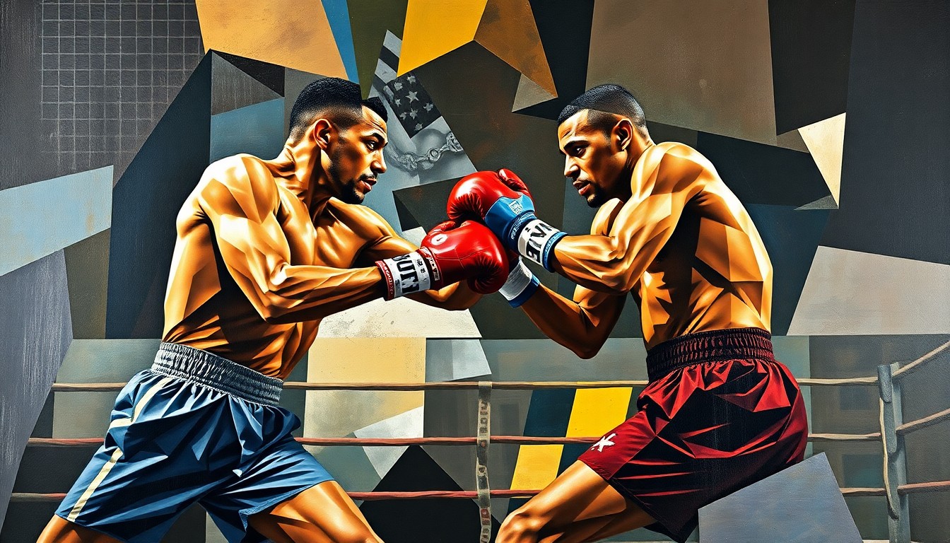 A fractured, geometric painting depicting the abstract forms of two boxers engaged in an intense match, their bodies and movements broken down into sharp, overlapping planes of color and shape.