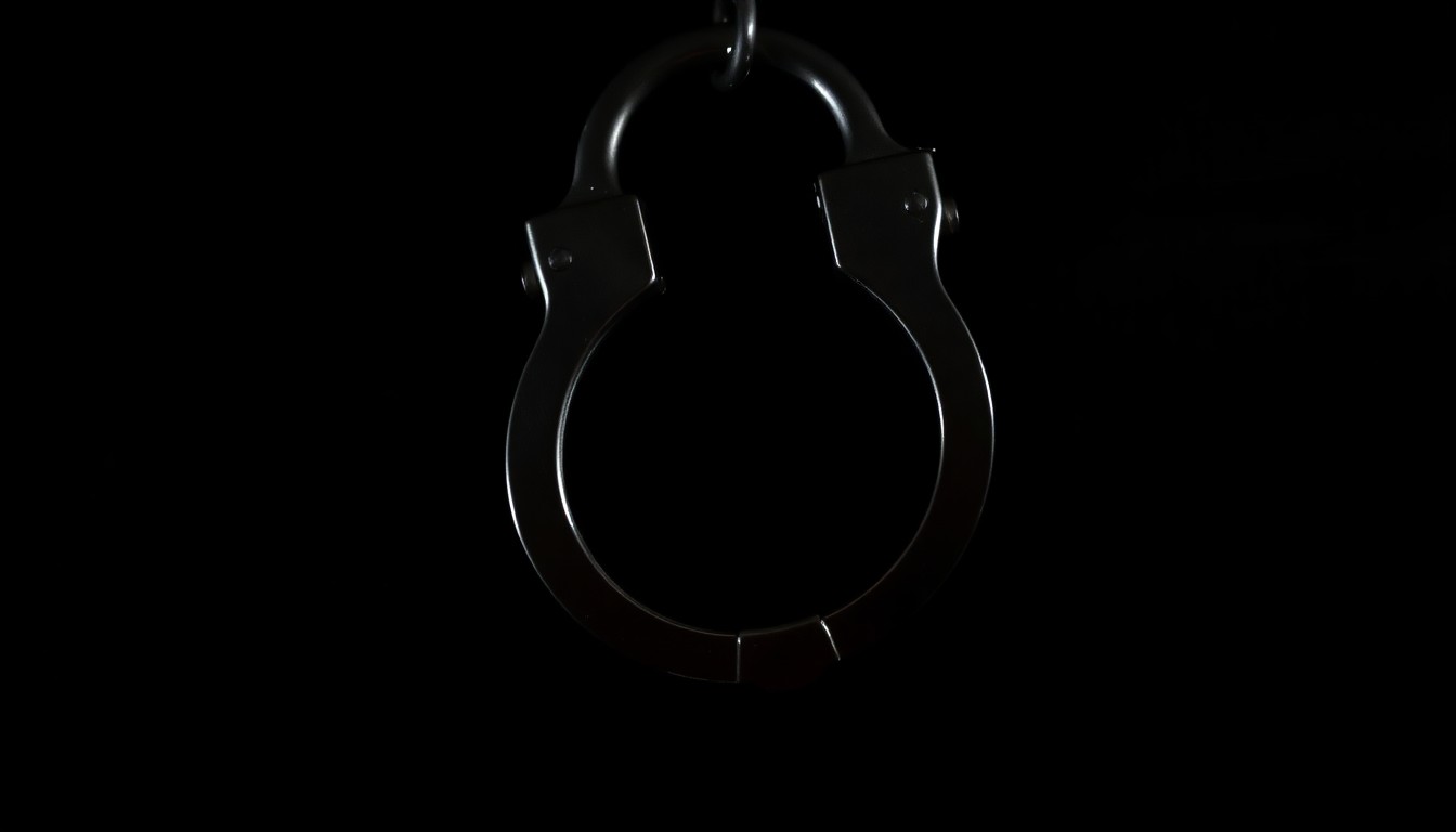 An extreme close-up photograph of a single handcuff, lit by a harsh, direct camera flash against a pitch-black background, conceptually representing the criminal justice system's approach to mental health in high-profile cases.