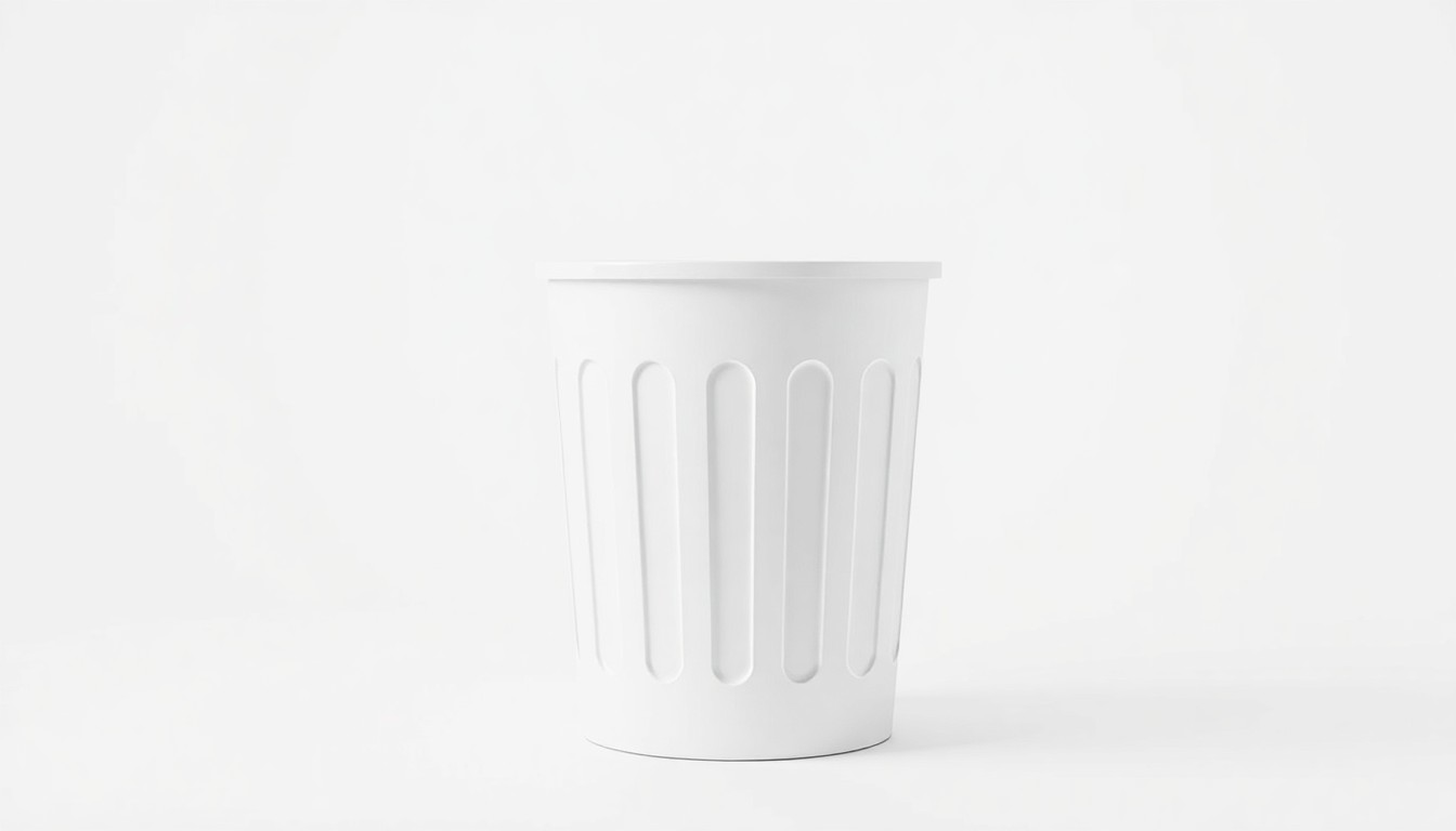 An extreme close-up of a white metal recycling bin with a smooth, minimalist design and subtle metallic accents, conceptually representing a simple and user-friendly solution for recycling hard-to-dispose-of items.