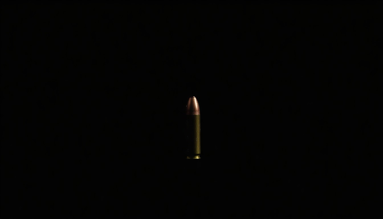 An extreme close-up photograph of a single bullet casing against a pitch-black background, lit by a harsh, direct camera flash, conceptually representing the violence and tragedy of Moriah Wilson's murder.