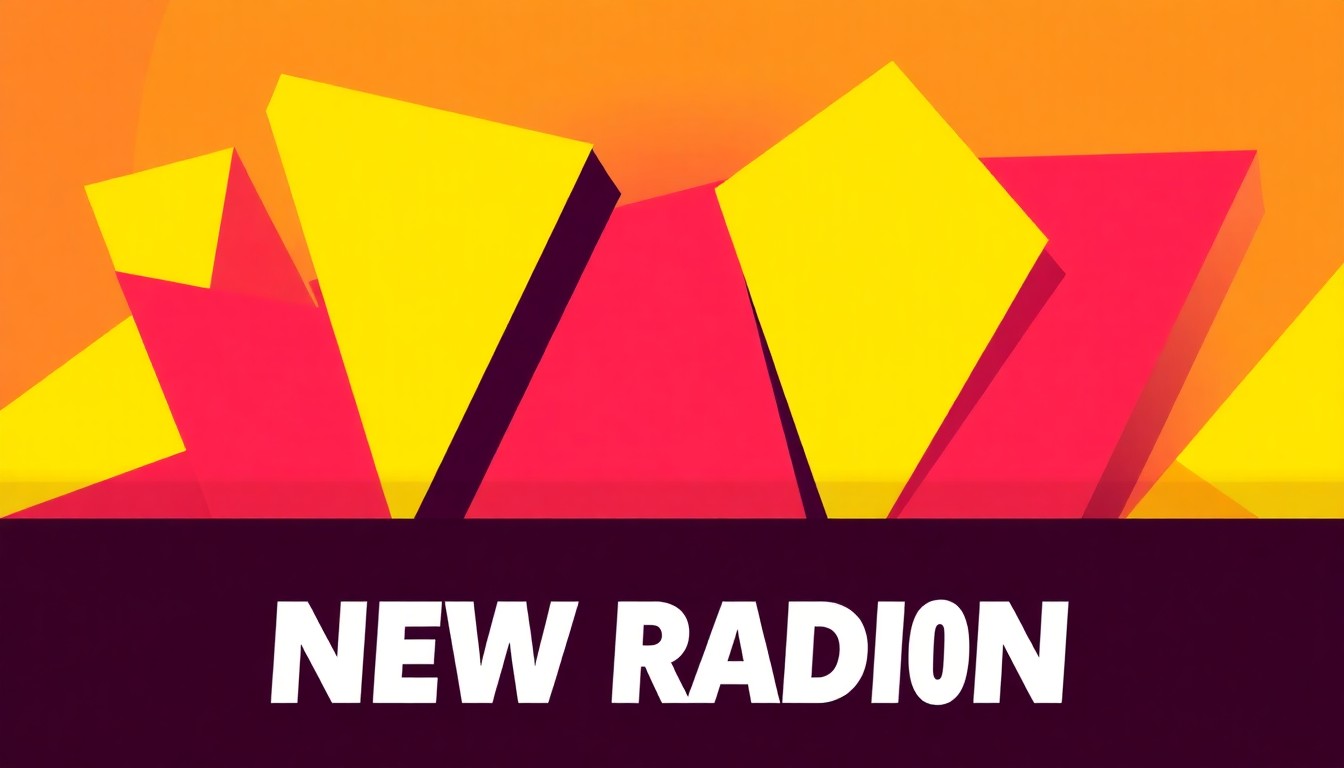 An abstract composition of bright, jagged geometric shapes in shades of yellow, orange, and pink, conceptually representing the upbeat, energetic launch of a new radio station.