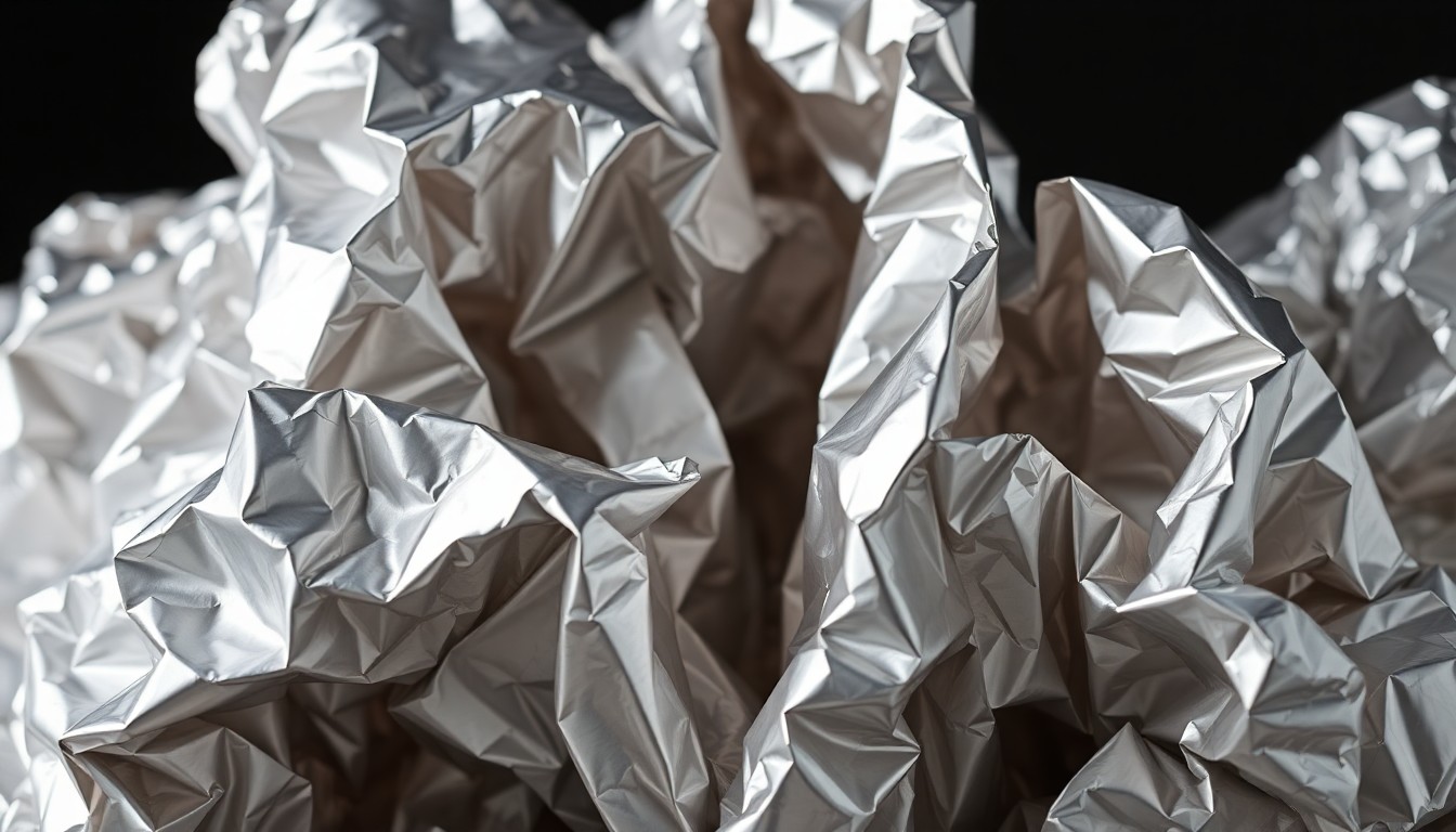 An abstract close-up image of crumpled, shiny silver foil wrappers, capturing the luxurious texture and dramatic lighting of a high-fashion editorial photograph, conceptually representing the cultural significance of a beloved regional sandwich.