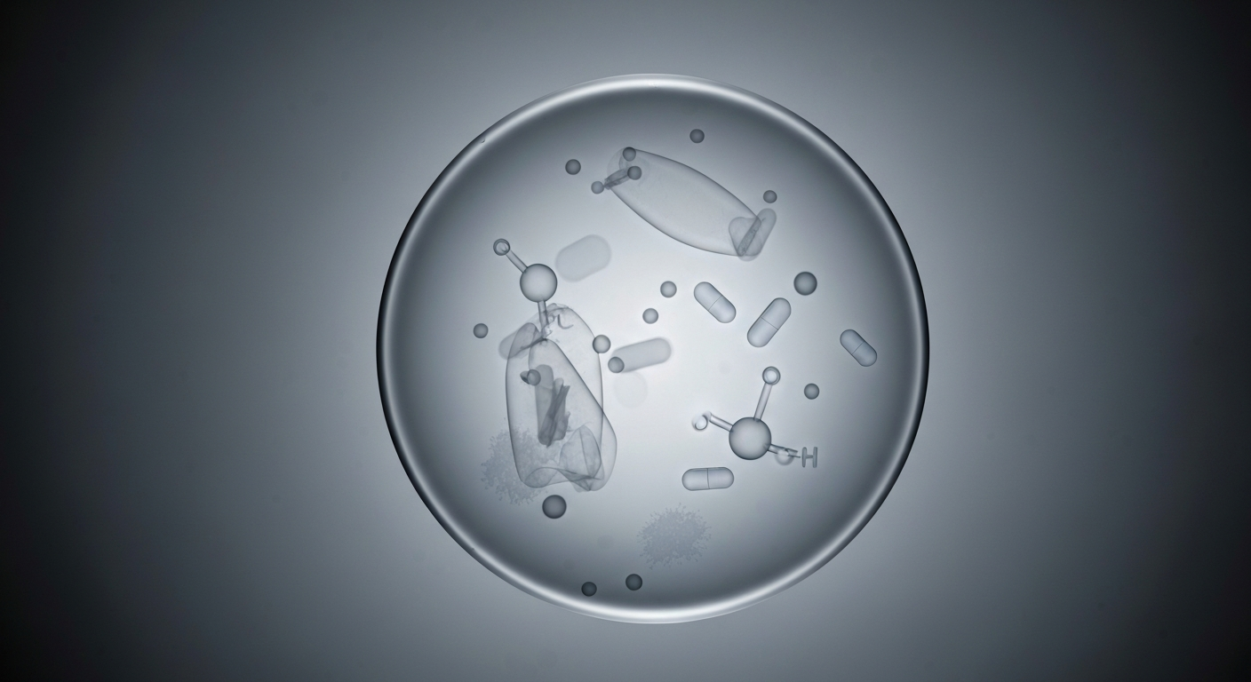 A highly detailed, ghostly X-ray photograph showing the internal molecular structure of a water droplet, with faint traces of microplastic particles and pharmaceutical compounds floating within the translucent liquid.