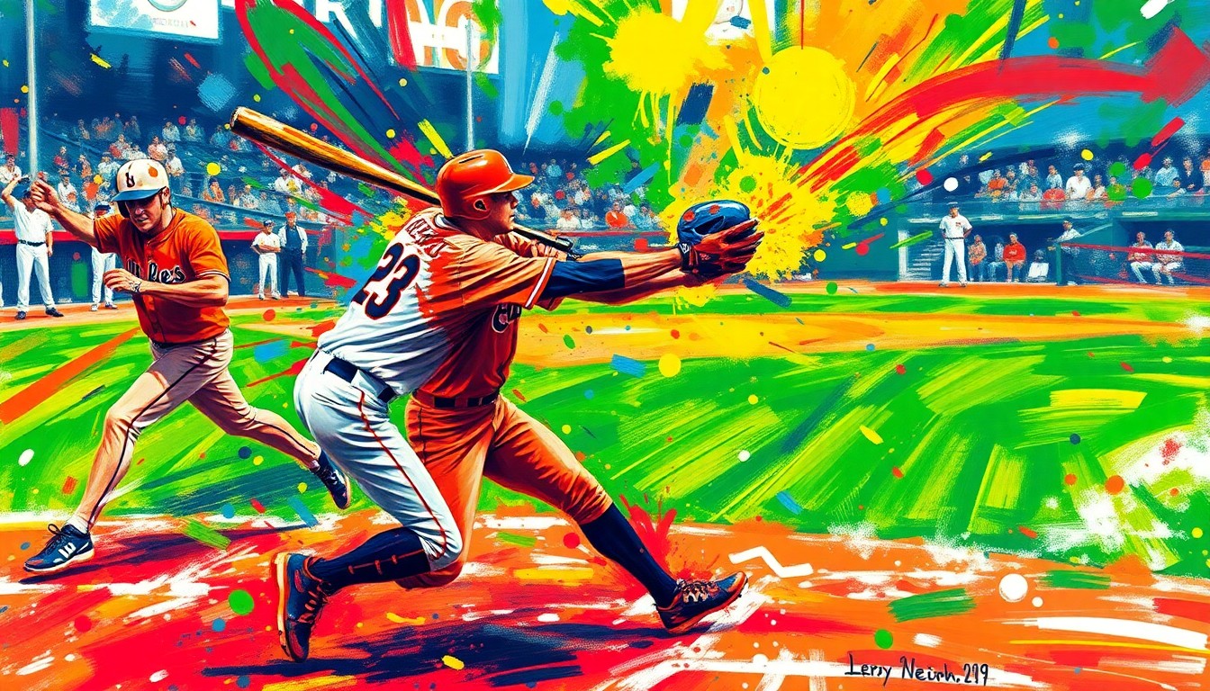 An abstract expressionist painting in vibrant neon colors, with rapid brushstrokes and blurred forms representing the dynamic energy of a baseball game.