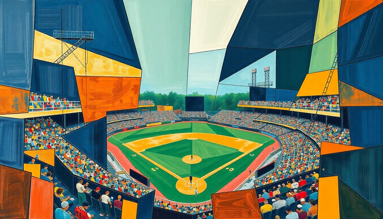 A fragmented, geometric painting in navy, green, and orange hues, capturing the dynamic action and intensity of a college baseball game through Cubist techniques.