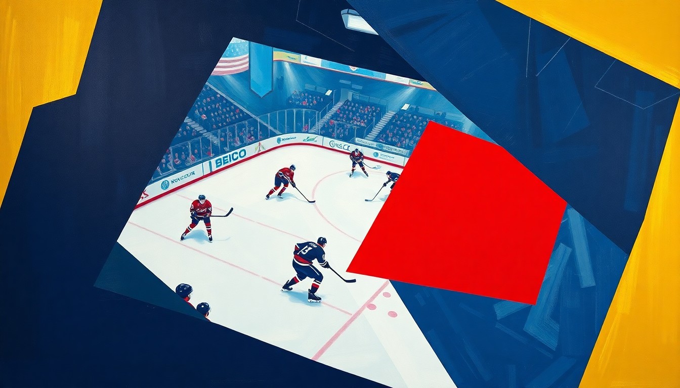 A cubist, geometric painting depicting a fragmented, multi-angled view of a college hockey game, with the players and ice represented as sharp, angular shapes in a vibrant color palette, capturing the raw energy and competitive spirit of the Frozen Four tournament.