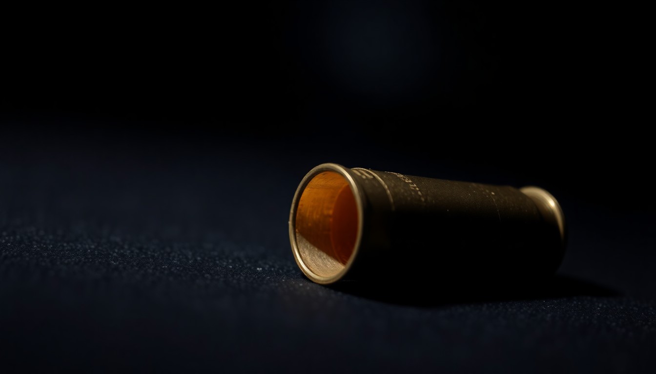 An extreme close-up photograph of a spent shell casing on a dark surface, lit by a harsh, direct camera flash, conceptually illustrating the violence of a shooting incident involving law enforcement.
