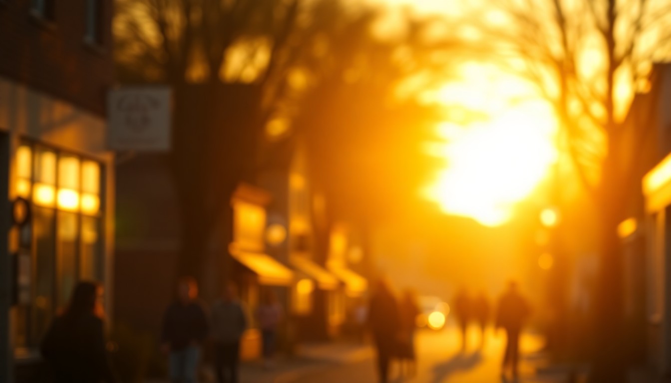 An abstract, impressionistic scene of a small-town main street captured in soft, warm light and hazy, out-of-focus details, conveying a sense of community and nostalgia.