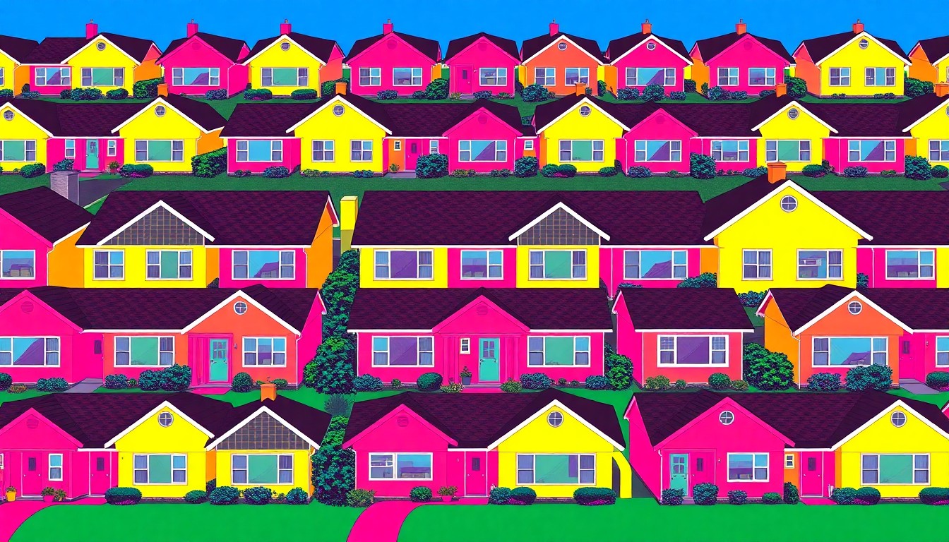A bold, colorful silkscreen print featuring a repeated image of a single suburban house in a grid pattern, capturing the essence of new residential development in a visually striking and conceptual way.