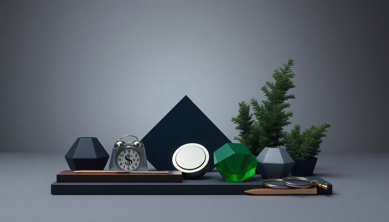 An abstract studio still life featuring a collection of polished, geometric objects in shades of charcoal, navy, and forest green, symbolizing the financial tools and risk management strategies small businesses must navigate after a natural disaster.