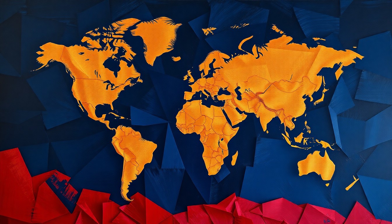 A fractured, abstract painting in shades of blue, red, and gold depicting a shattered globe or world map, conveying the destabilizing global impact of the conflict between the U.S., Israel, and Iran.