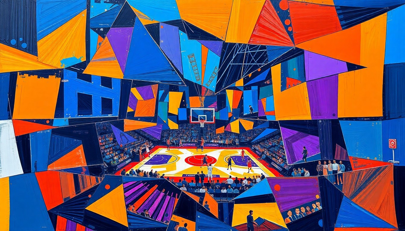 A cubist, geometric painting depicting a basketball game or match, with sharp, overlapping planes of color representing the action on the court.