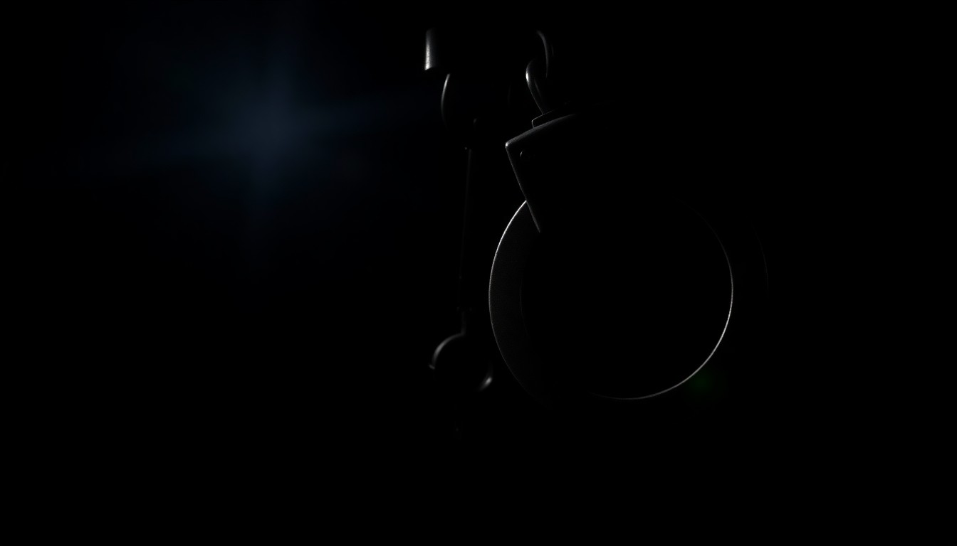 An extreme close-up photograph of a set of metal handcuffs or a detention center key, lit by a harsh, direct camera flash against a pitch-black background, creating a stark, gritty, investigative aesthetic.