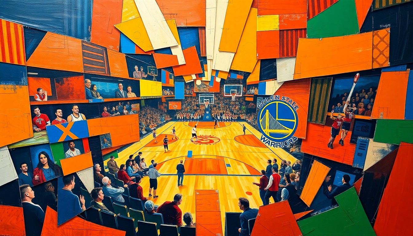 A fractured, cubist-style painting depicting a basketball game between the Houston Rockets and Golden State Warriors, with the players and court broken down into sharp, overlapping geometric shapes and planes in a vibrant color palette.