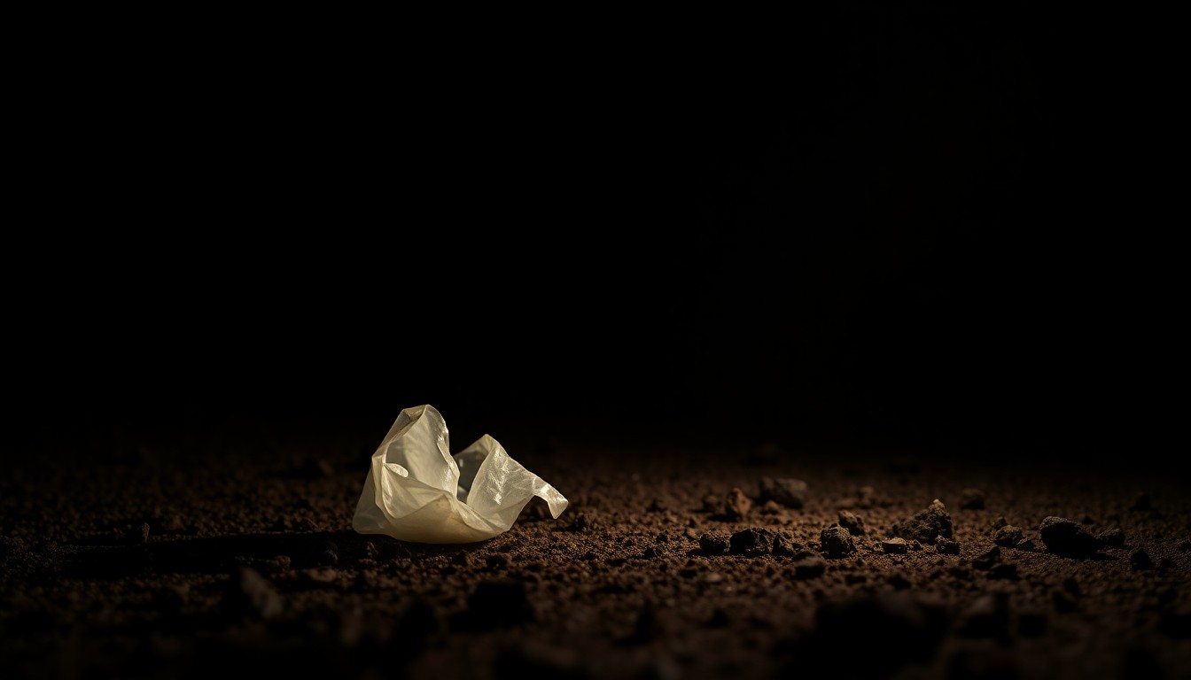 An extreme close-up photograph of a crumpled, discarded condom on a dirt trail, lit by a harsh, direct camera flash against a pitch-black background, conceptually representing the aftermath of a suspected sexual assault incident.