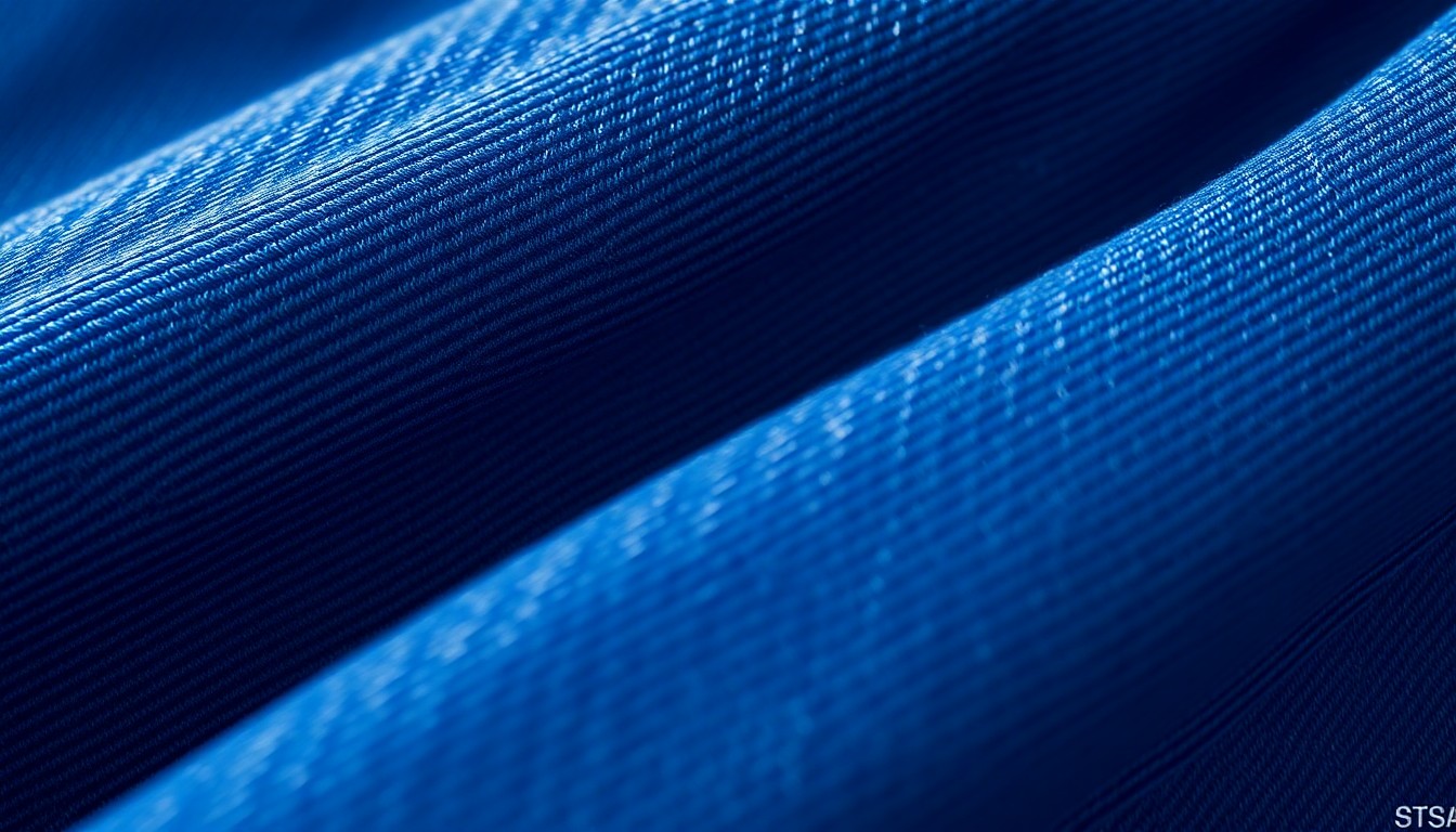 An extreme close-up photograph of heavily textured, faded denim fabric in shades of blue and grey, capturing the luxurious and tactile nature of the baggy jeans worn by the celebrity couple.