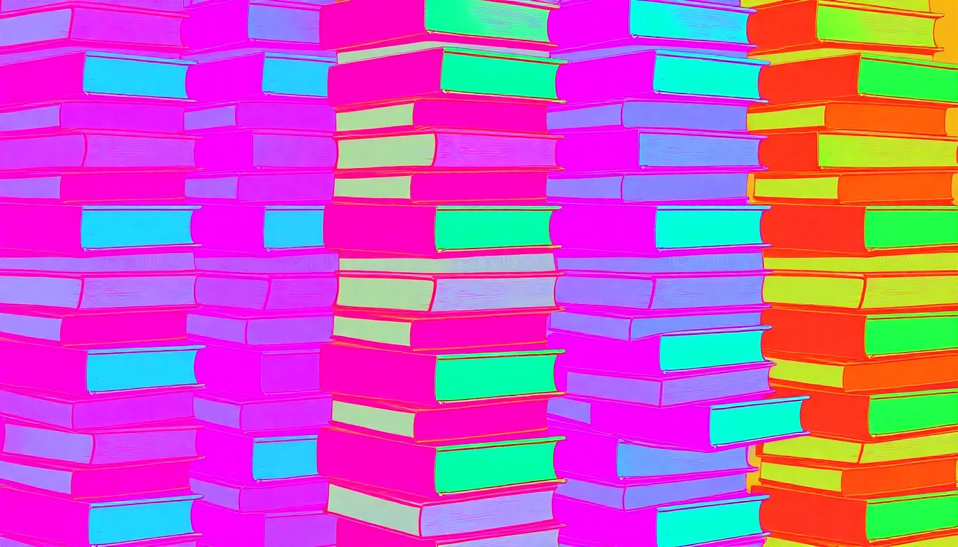 A bold, abstract silkscreen illustration featuring a repeating pattern of brightly colored book spines in vibrant shades of pink, purple, and teal, conceptually representing the library's role in promoting literature and the arts.