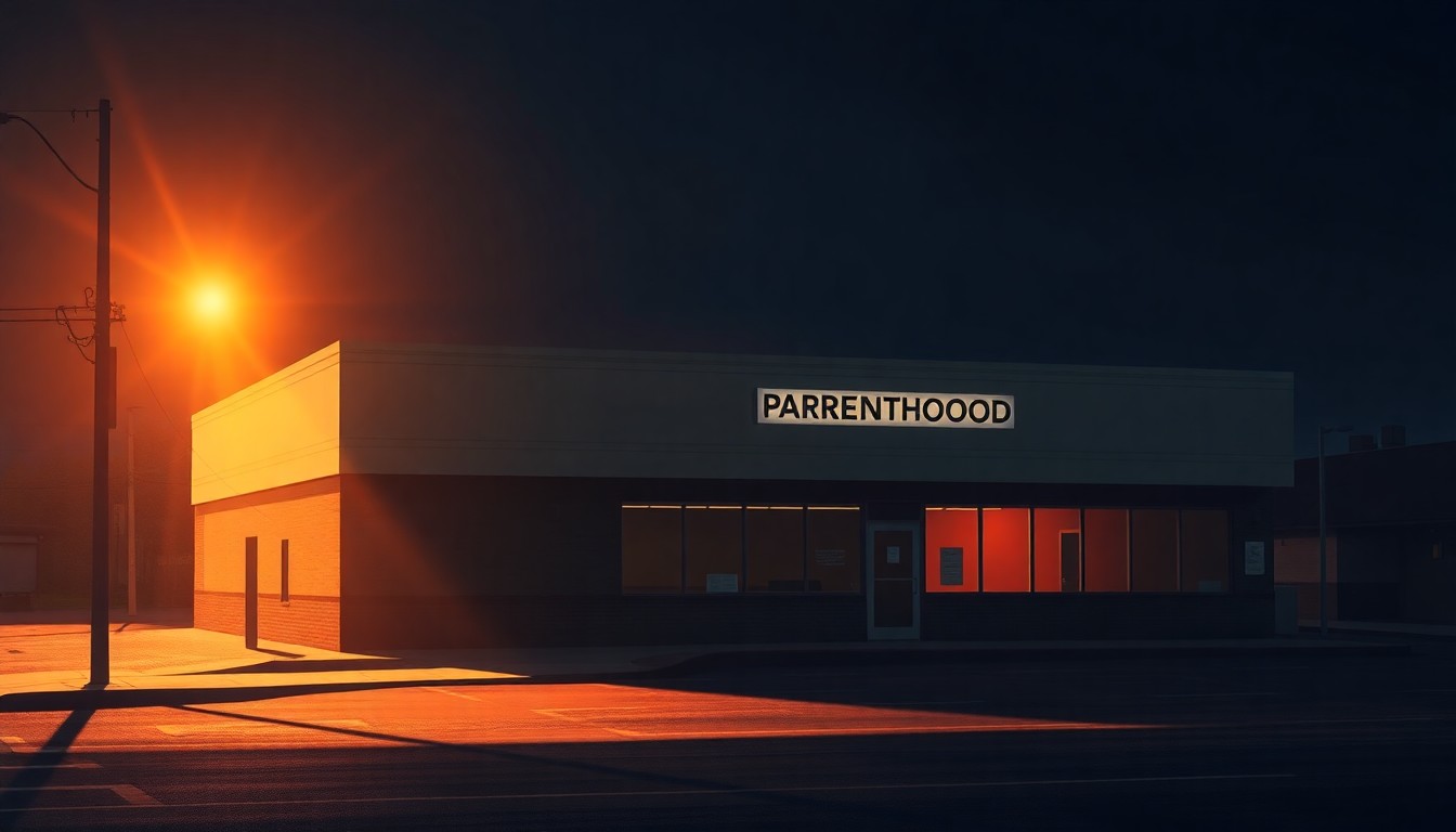A serene, photorealistic painting of a Planned Parenthood clinic building, its facade bathed in warm, golden light and deep shadows, conveying a sense of quiet contemplation and the weight of the political battles surrounding the organization.